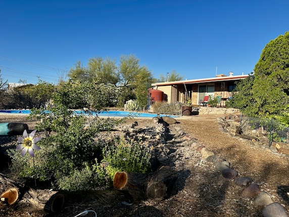 Yard with greenery, pool with cover, orange rain tank, and pathways