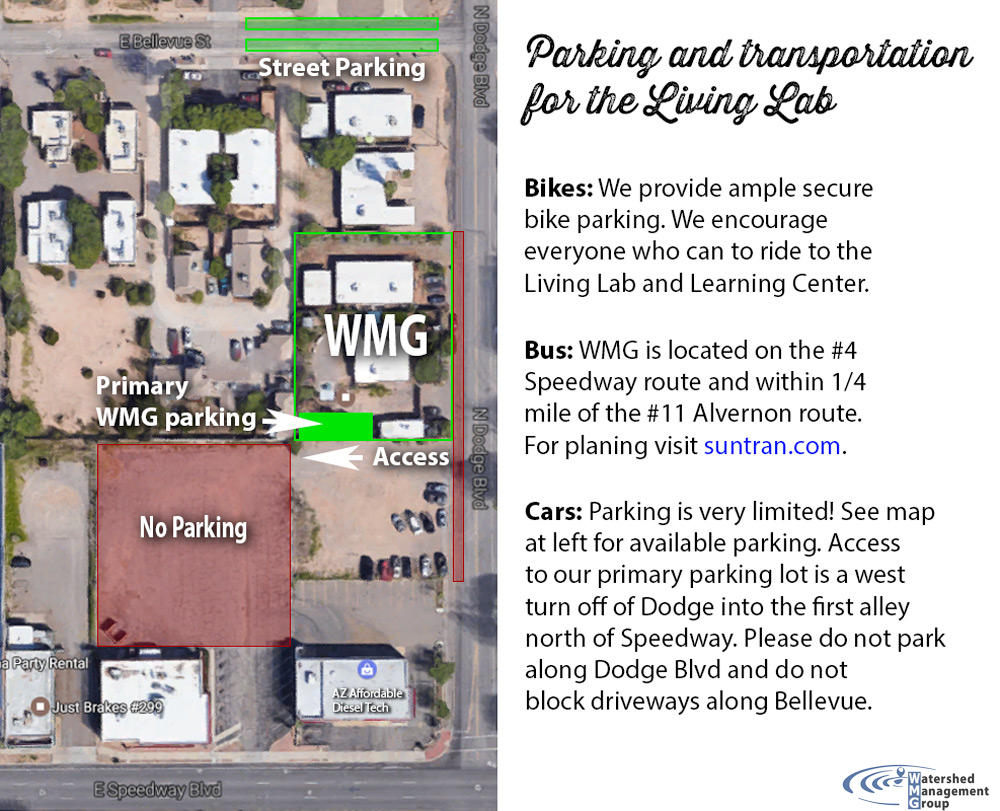Map of parking -- park on the street at Bellevue or in the spots off the alley west of Dodge