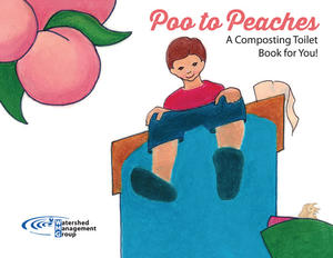 Cover of a children's book. A cartoon child sits on a blue barrel. There are peaches in the top left corner