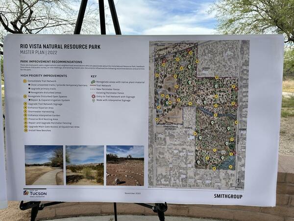 A tripod with a detailed map and plan for the park