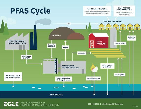 A graphic showing the pathways of pfas between factories, rivers, landfills, and farms