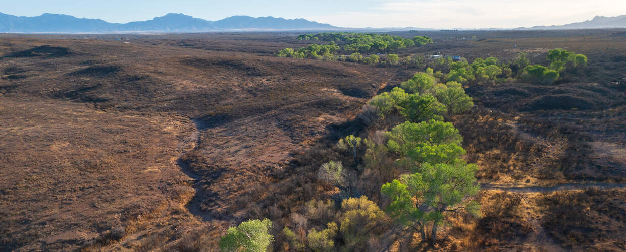A brown vegetated area of rolling hills with a ribbon of green trees winding through it