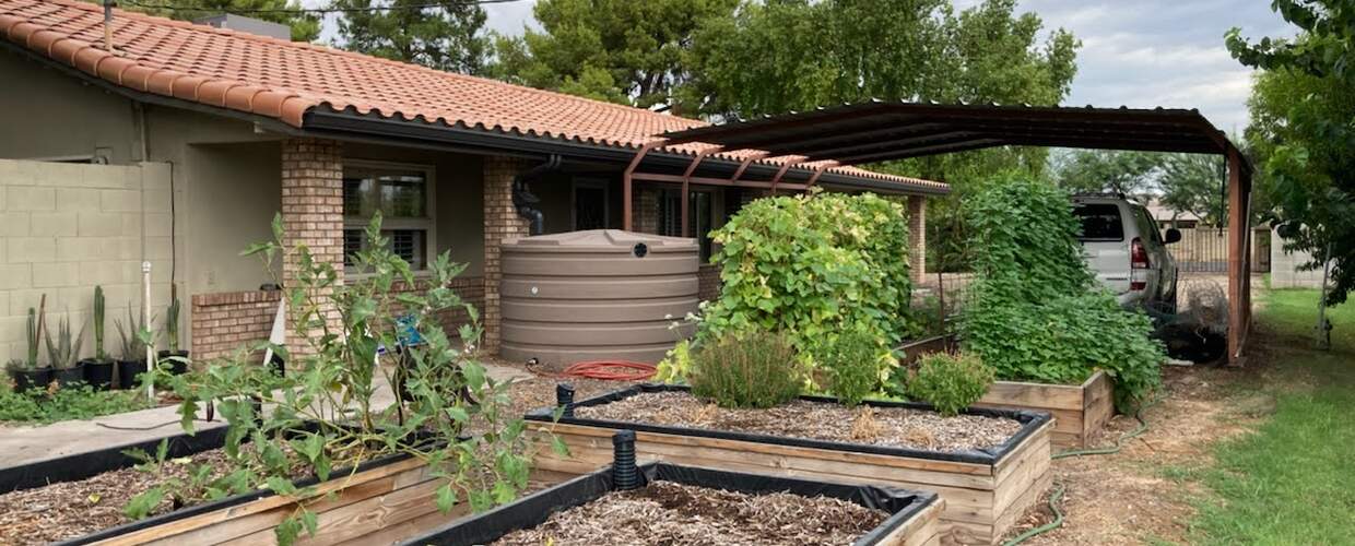 raised bed gardens in front of a spanish tile house with a tan plastic rain tank next to it