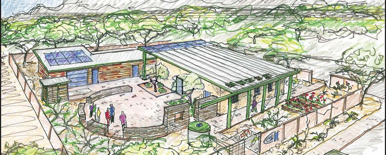 Sketch of several buildings with solar panels surrounded by trees 