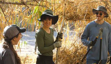a group of people stand on a river bed