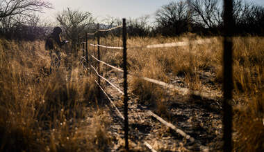A person with a clipboard assesses a barbed wire fence